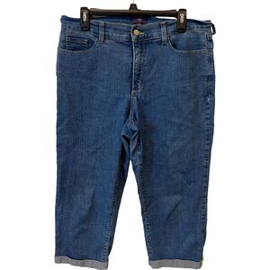 NYDJ Womens Crop Jeans Size 14 Medium Wash High Rise Tapered Leg Stretch Zip Fly